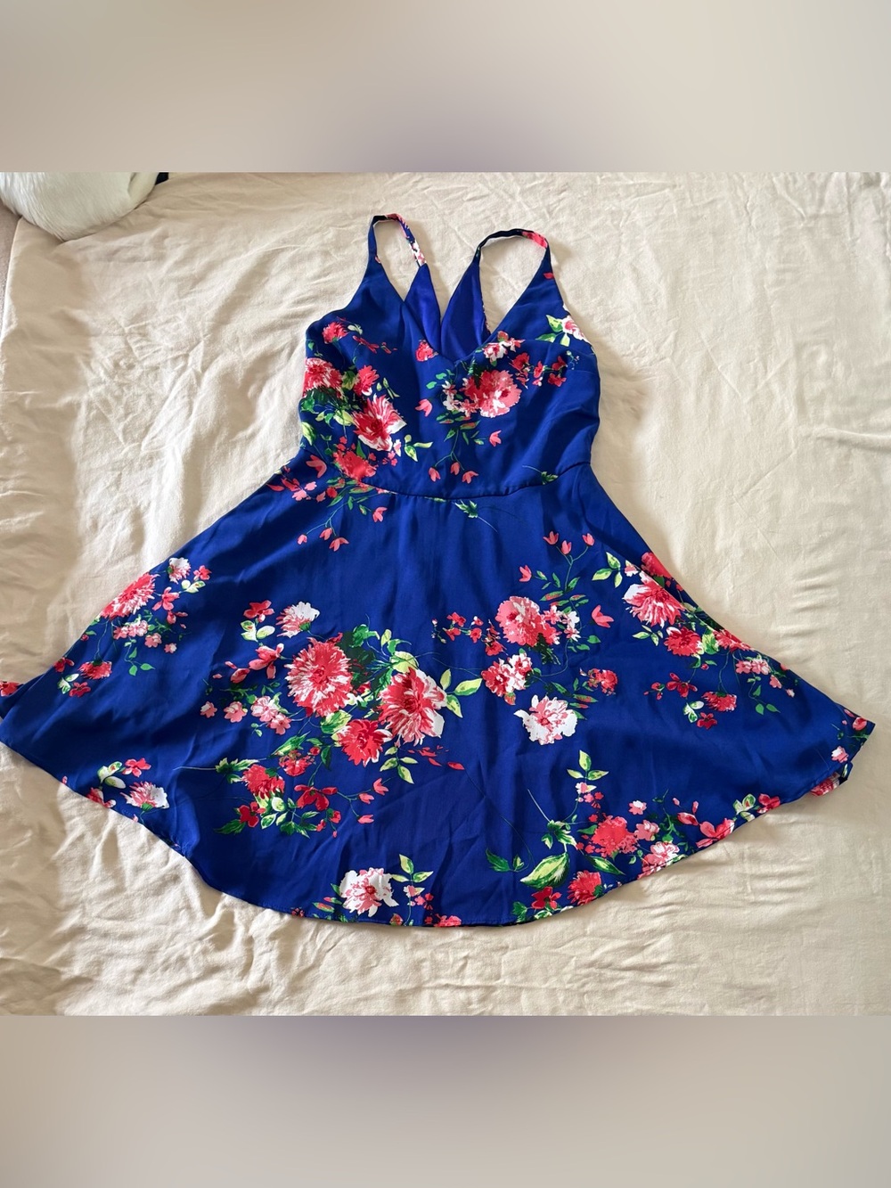 Lulu's Royal Blue Floral V-Neck Mini Dress